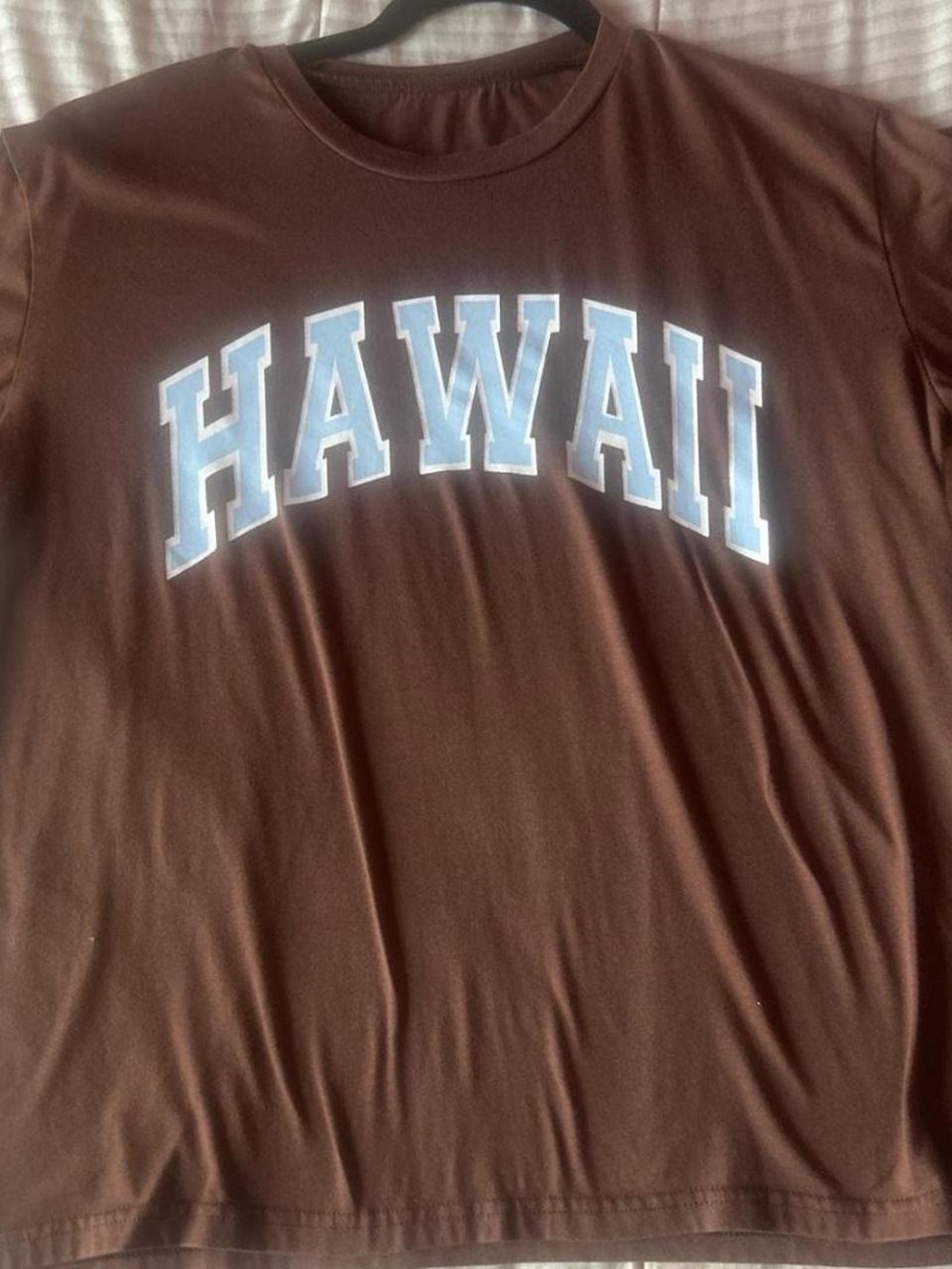 SHEIN Brown Short Sleeve Tee with Light Blue 'HAWAII' Print